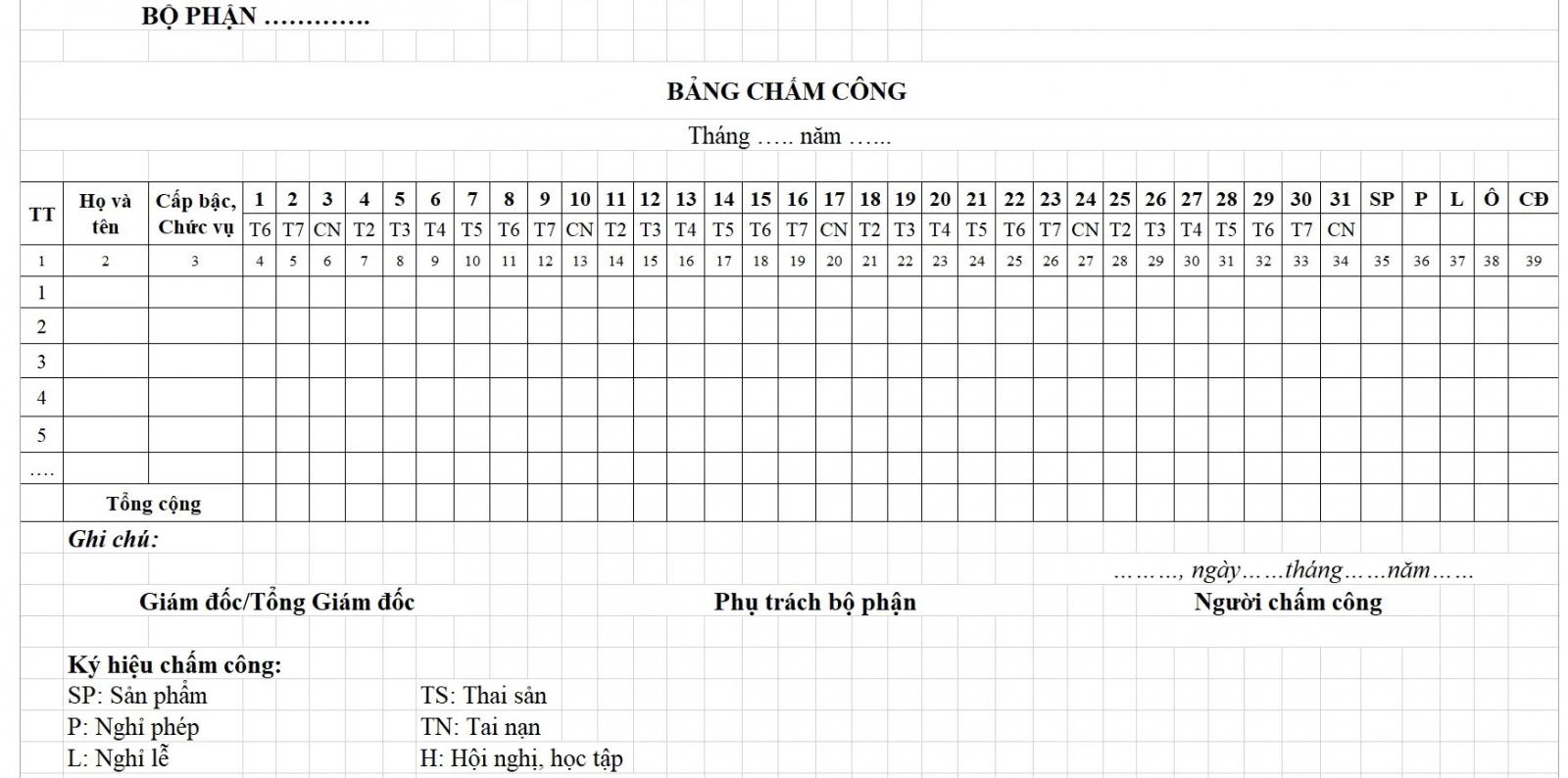 biểu mẫu chứng từ kế toán - bảng chấm công