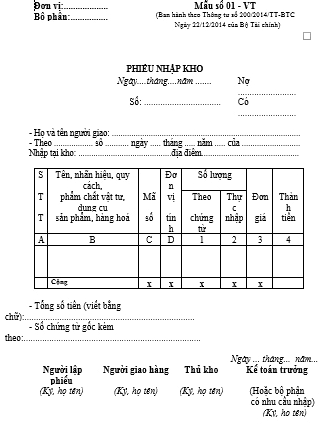 Biểu mẫu chứng từ kế toán - Phiếu nhập kho