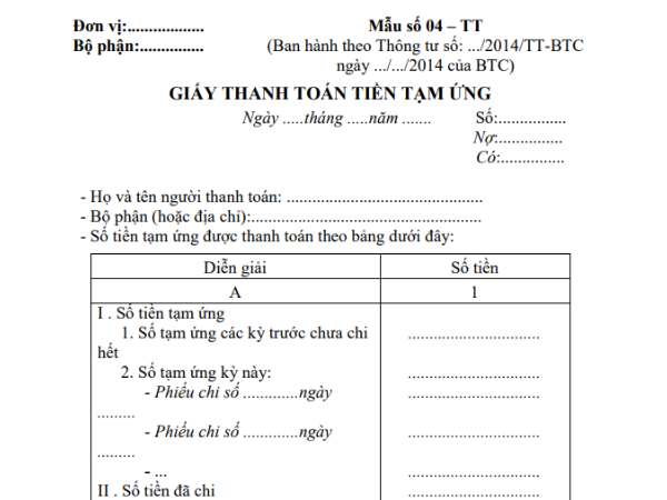 giấy thanh toán tiền tạm ứng