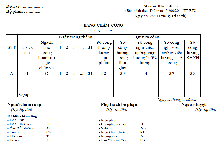 mẫu bảng chấm công