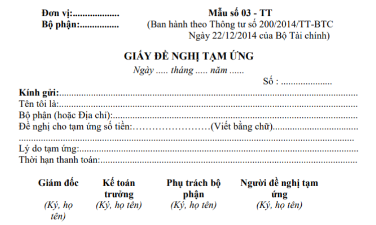 mẫu giấy đề nghị tạm ứng