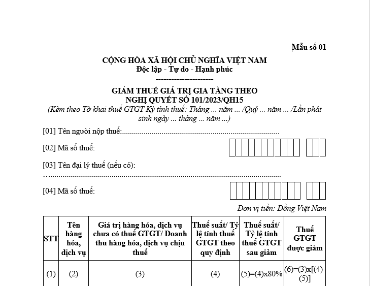 Mẫu kê khai hàng hóa giảm thuế GTGT