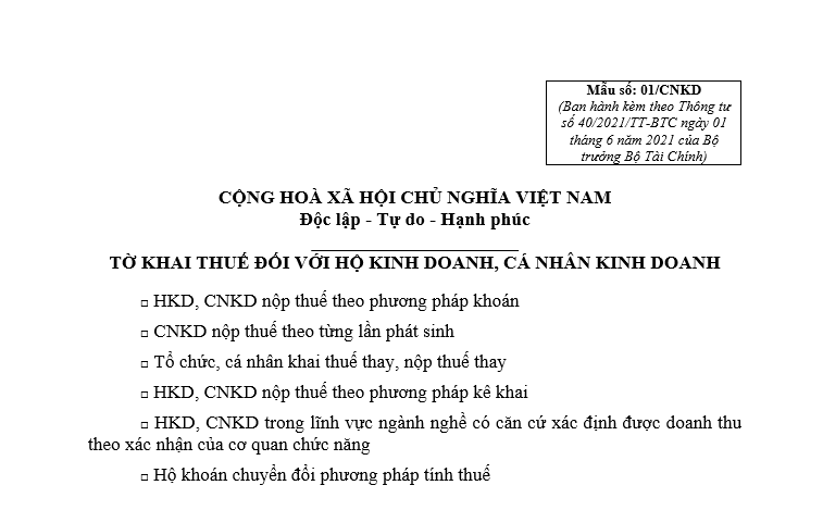 mẫu tờ khai thuế đối với hộ kinh doanh, cá nhân kinh doanh