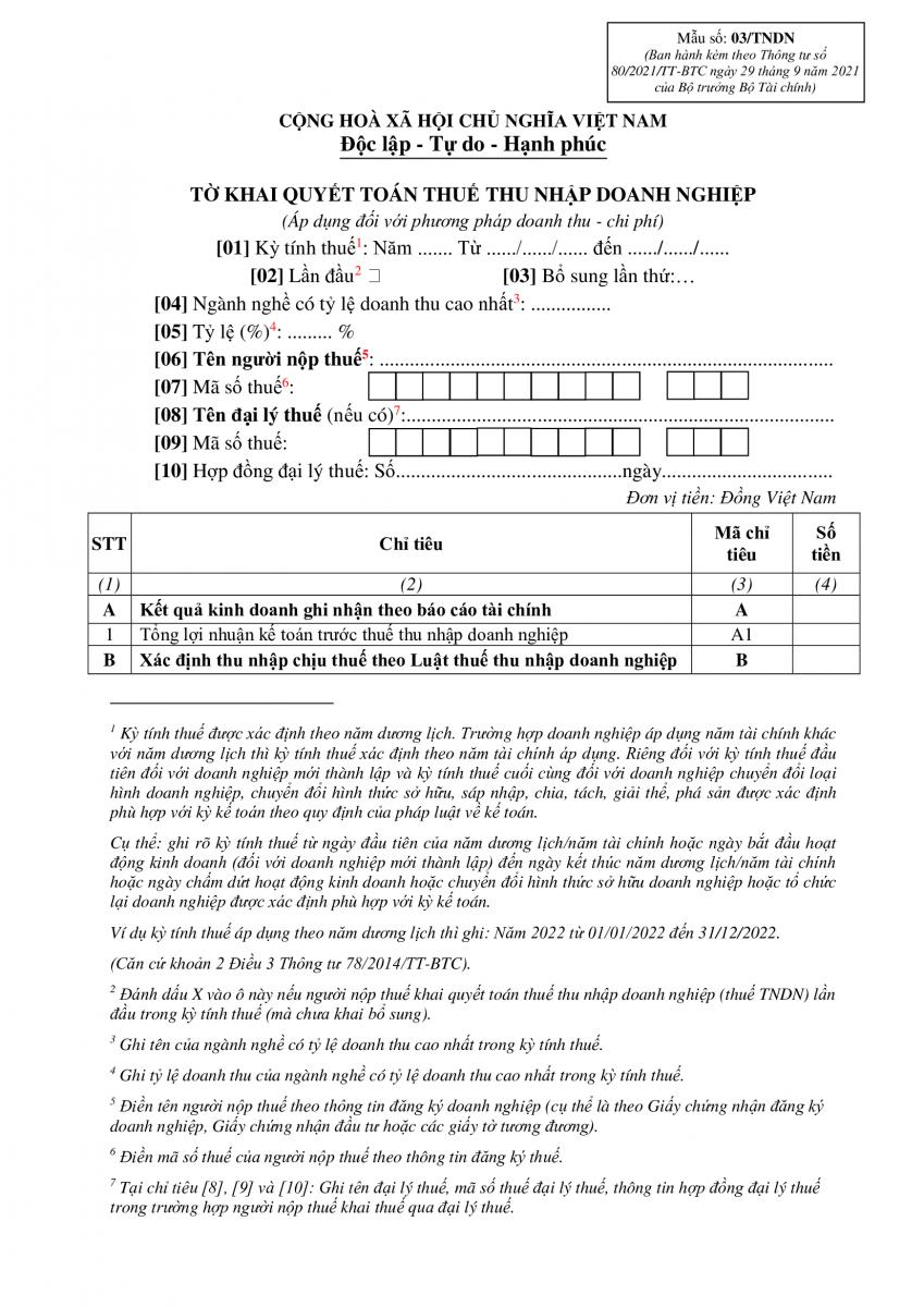 Tờ khai quyết toán thuế TNDN mẫu 03/TNDN