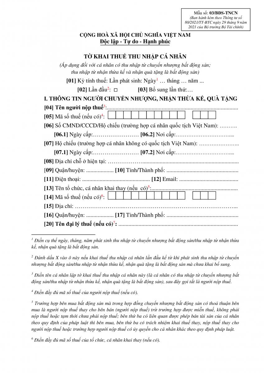 Tờ khai thuế thu nhập cá nhân mẫu 03/BĐS-TNCN