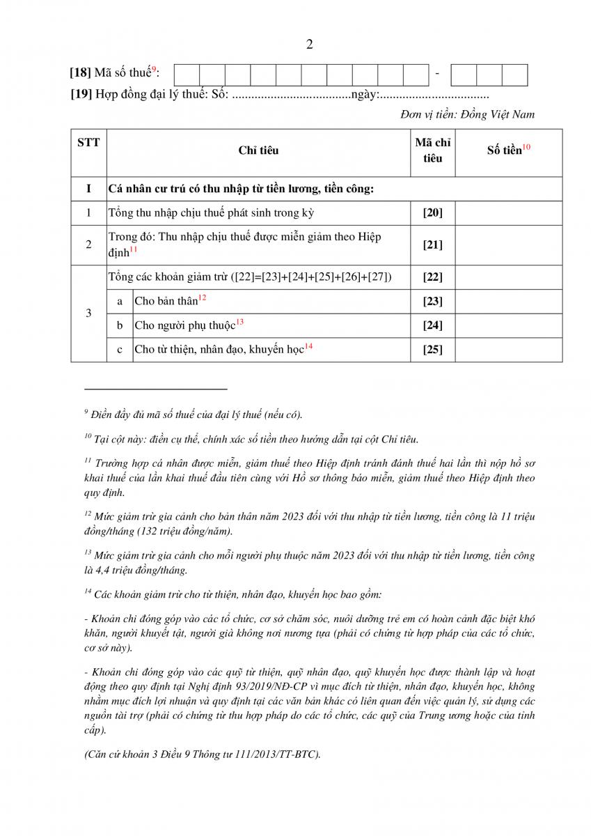 Tờ khai thuế thu nhập cá nhân mẫu 02/KK-TNCN