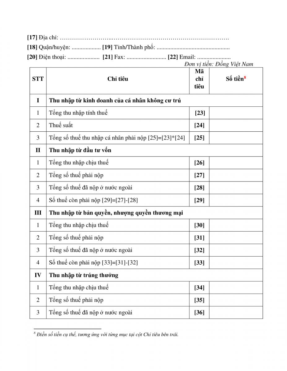 Tờ khai thuế thu nhập cá nhân mẫu 04/NNG-TNCN