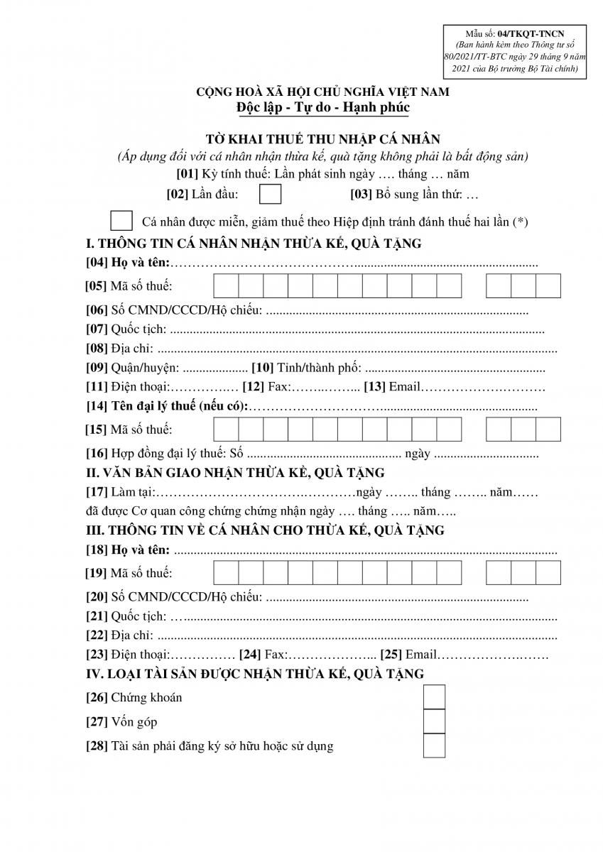Tờ khai thuế thu nhập cá nhân mẫu 04/TKQT-TNCN