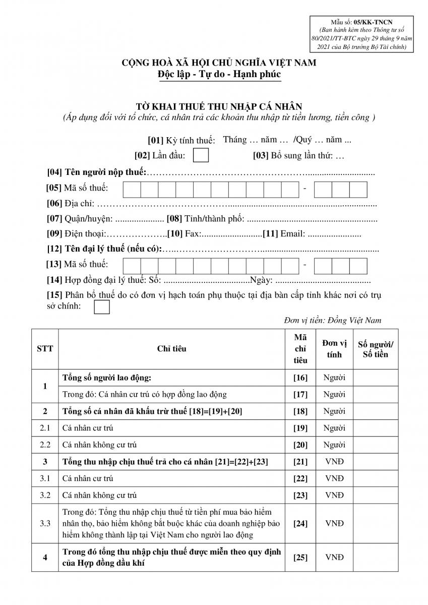 Tờ khai thuế thu nhập cá nhân mẫu 05/KK-TNCN