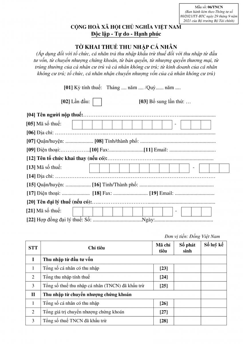 Tờ khai thuế thu nhập cá nhân mẫu 06/TNCN